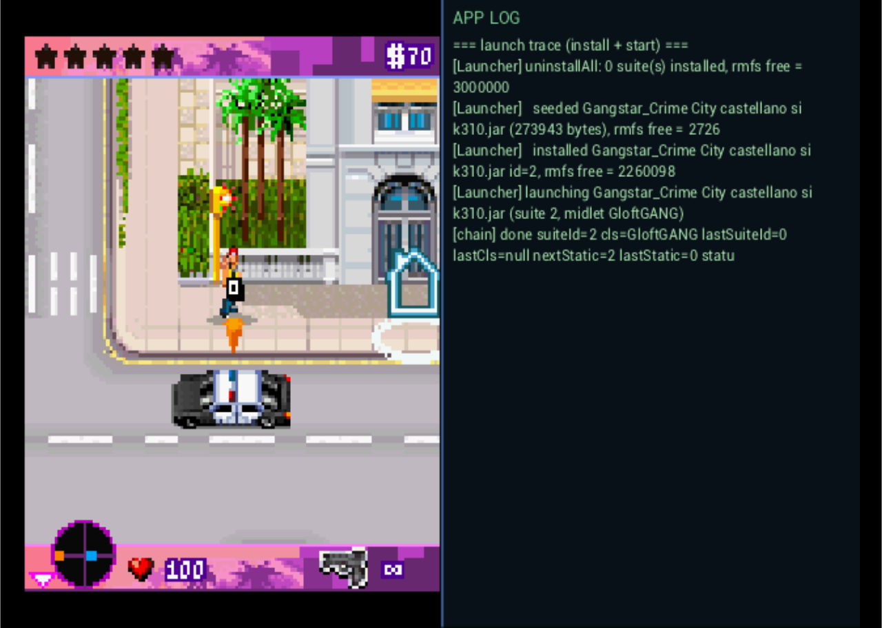 Debug split view: the game on the left, the app log on the right