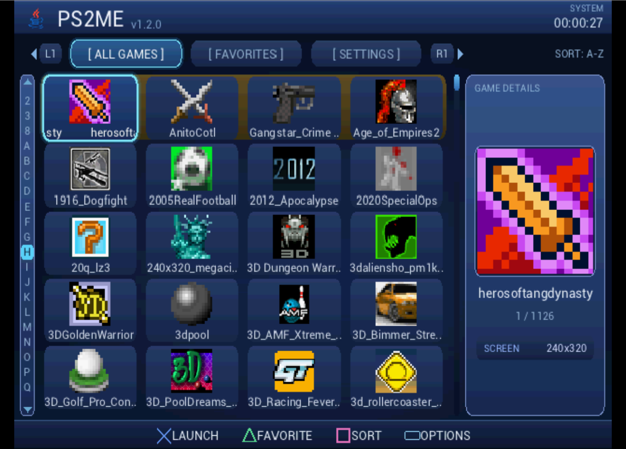 PS2ME launcher: a 4x5 grid of game icons with a details panel
